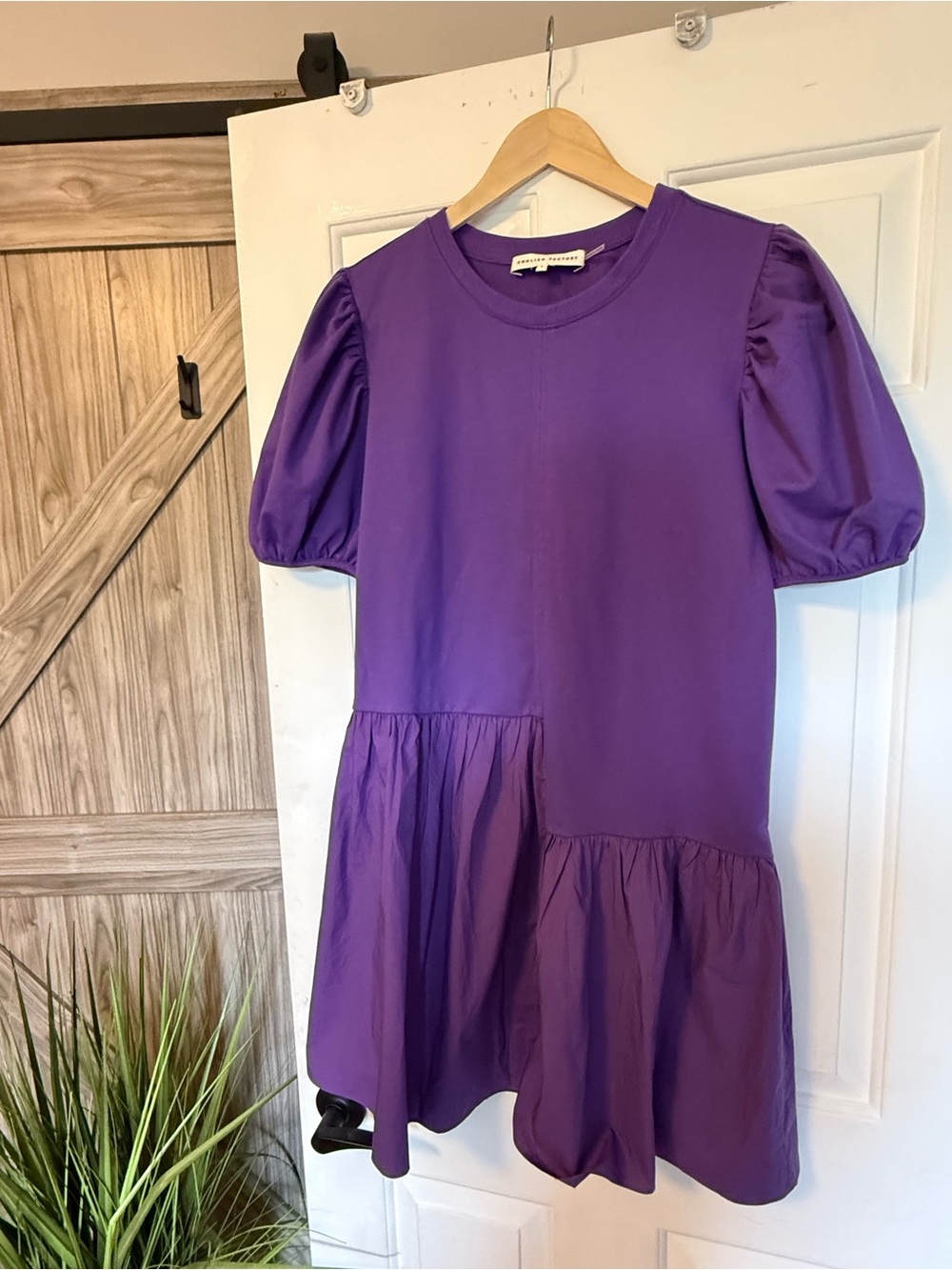 English Factory Puff Shoulder Mixed Media Mini Dress Purple Large
